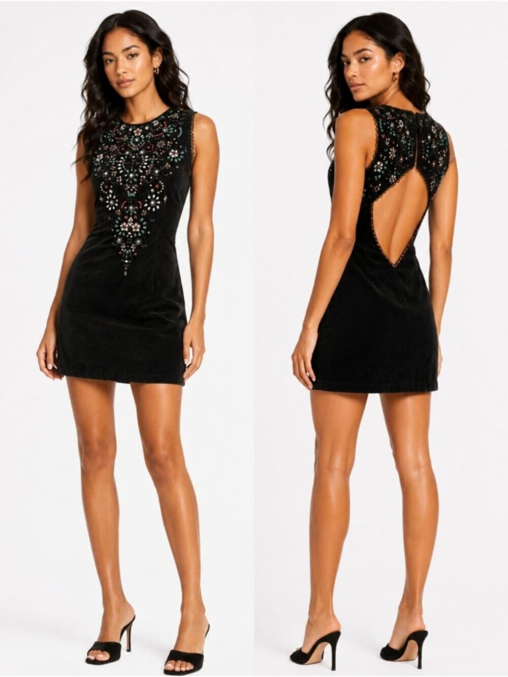 Vintage Beaded Black Velvet Mini Dress Floral Embellished Cocktail Mini Dress